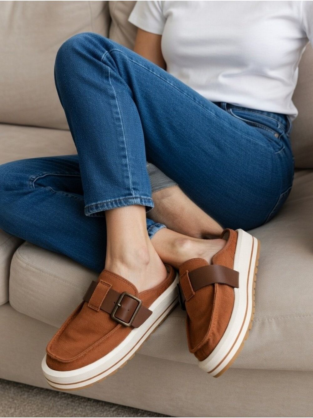 Sanuk Women's Tan Slip On Loafers Buckle Accent
